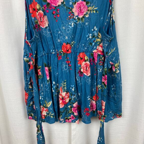 Torrid Blue Floral Rayon Slub Button Up With Waist Detail Tank Blouse Sz.3 - Picture 13 of 16